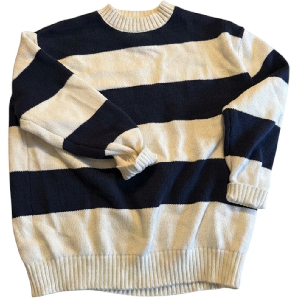 Navy Blue‎ and White Striped Cotton Blend Crewneck Sweater ST21523-V1